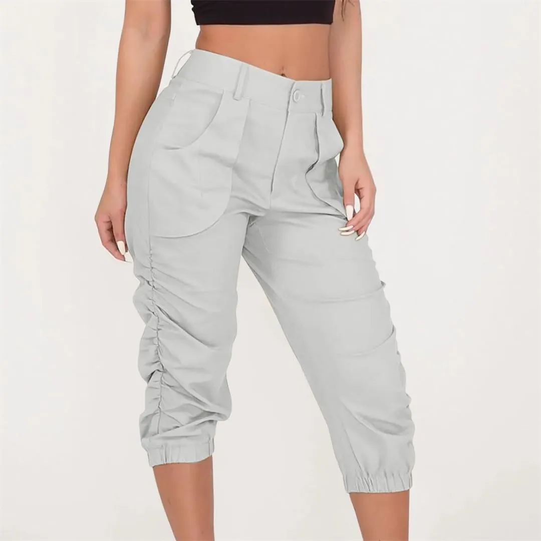 Womens Summer Cropped Cargo Pants Cropped Trousers Harem Jogging Beam Foot Fitness Pocket Loose Short Pants