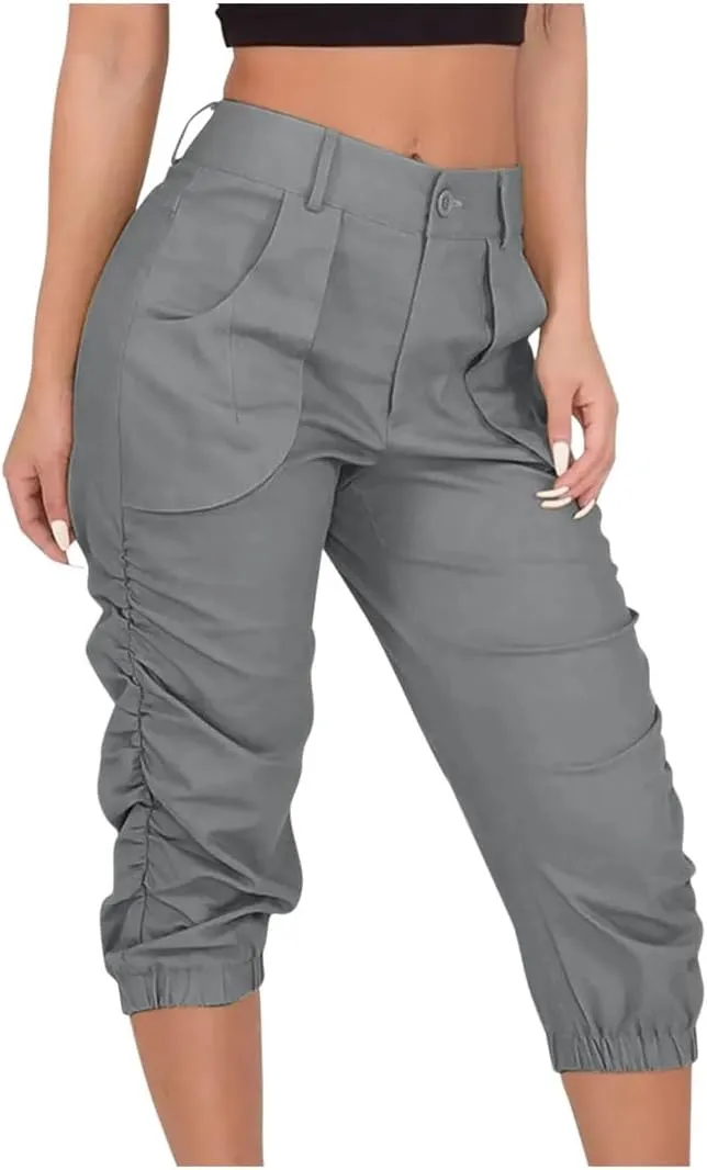 Womens Summer Cropped Cargo Pants Cropped Trousers Harem Jogging Beam Foot Fitness Pocket Loose Short Pants