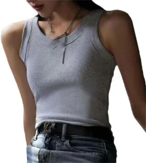 Women's Summer Sleeveless Camisole Solid Color Tight Elastic Vest top O-Neck Outdoor Sports and Leisure T-Shirt