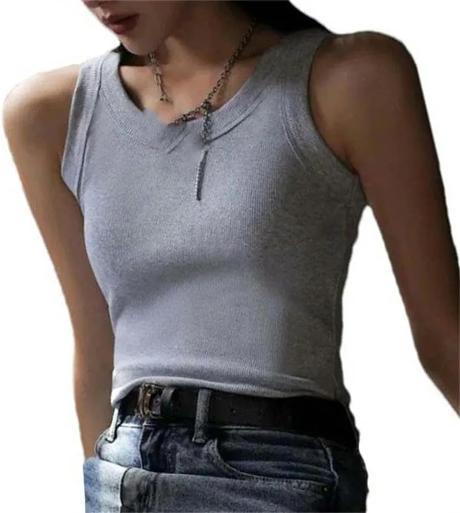 Women's Summer Sleeveless Camisole Solid Color Tight Elastic Vest top O-Neck Outdoor Sports and Leisure T-Shirt