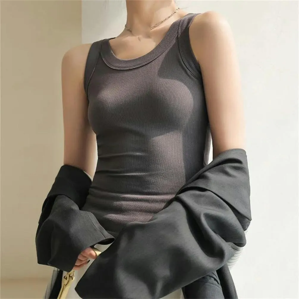Women's Summer Sleeveless Camisole Solid Color Tight Elastic Vest top O-Neck Outdoor Sports and Leisure T-Shirt