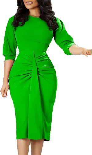 Women's Summer Soild Midi Bodycon Dresses Half Puff Sleeve Ruched Bodycon Cocktail Party Pencil Formal Dress