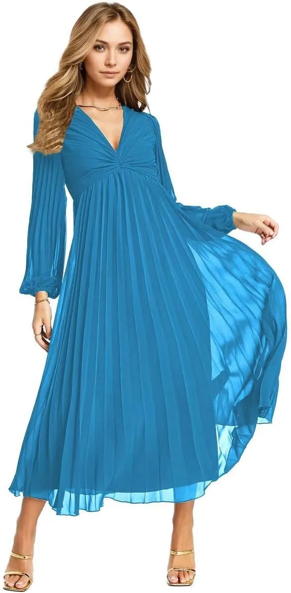 Women's V Neck Wedding Guest Dress Pleated Long Sleeves Formal Evening Party Gowns Modern Chiffon Reception Dresses