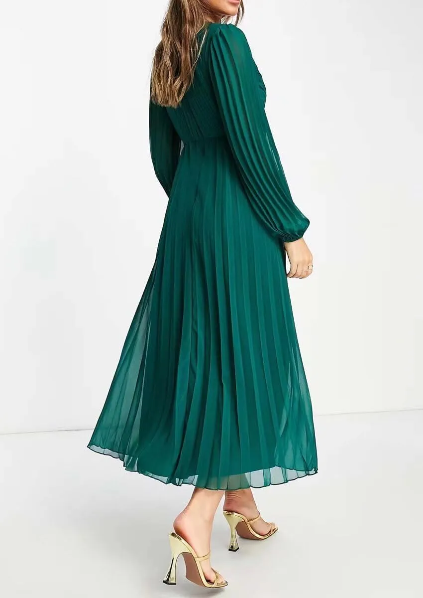 Women's V Neck Wedding Guest Dress Pleated Long Sleeves Formal Evening Party Gowns Modern Chiffon Reception Dresses