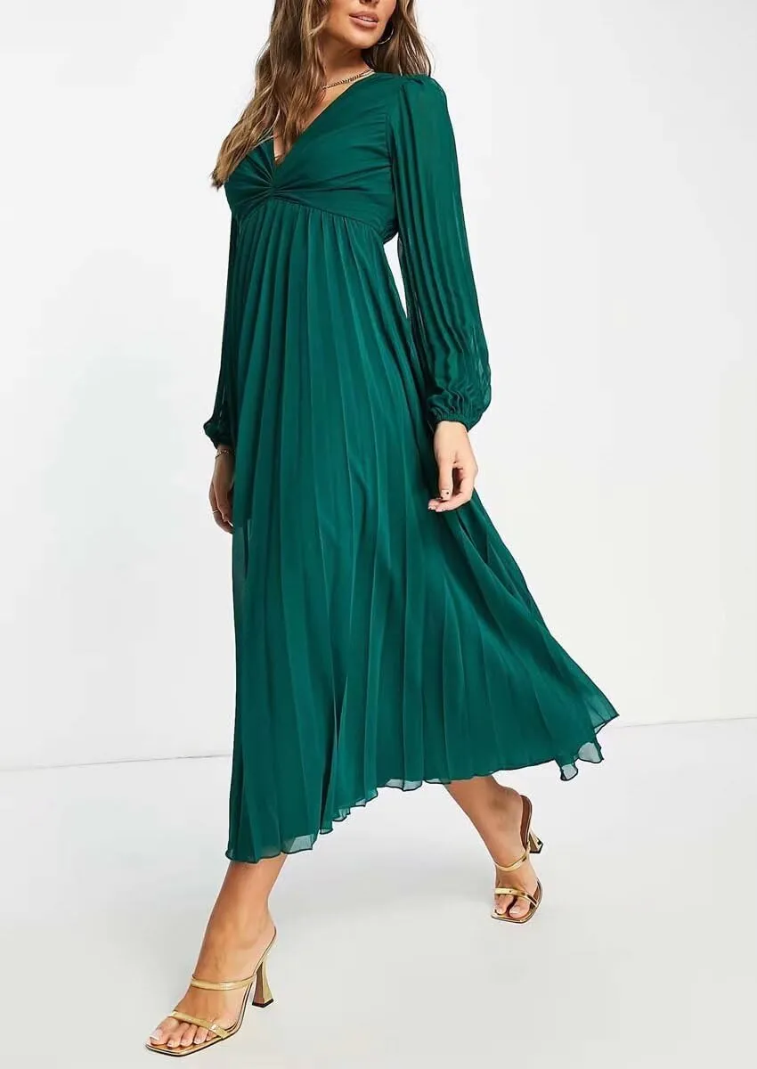 Women's V Neck Wedding Guest Dress Pleated Long Sleeves Formal Evening Party Gowns Modern Chiffon Reception Dresses