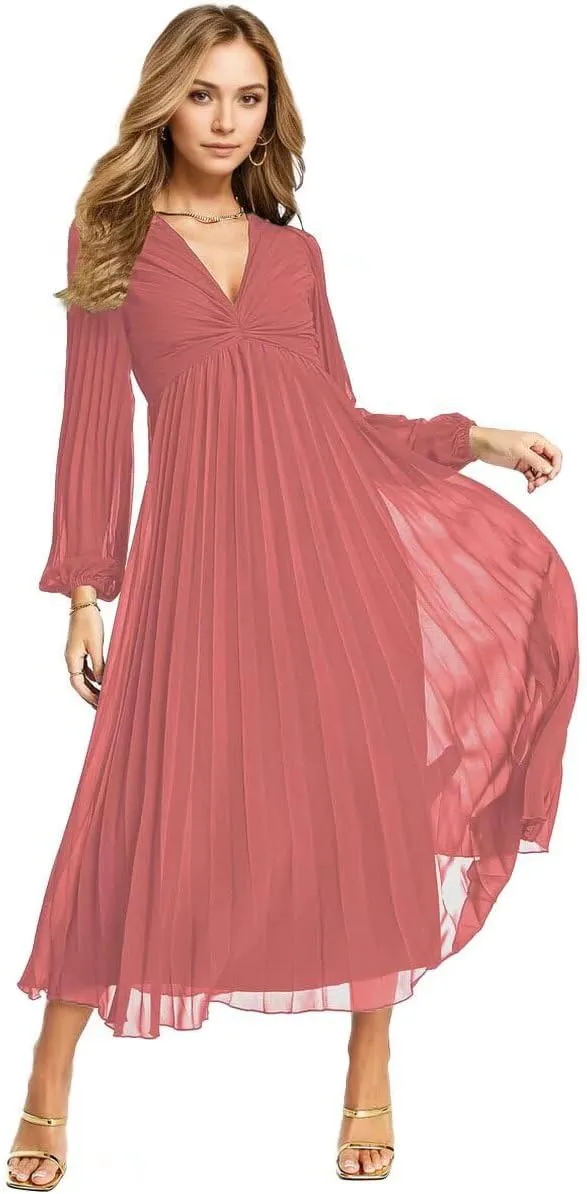 Women's V Neck Wedding Guest Dress Pleated Long Sleeves Formal Evening Party Gowns Modern Chiffon Reception Dresses