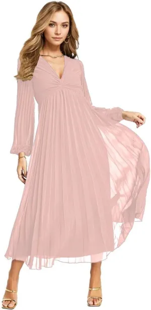 Women's V Neck Wedding Guest Dress Pleated Long Sleeves Formal Evening Party Gowns Modern Chiffon Reception Dresses