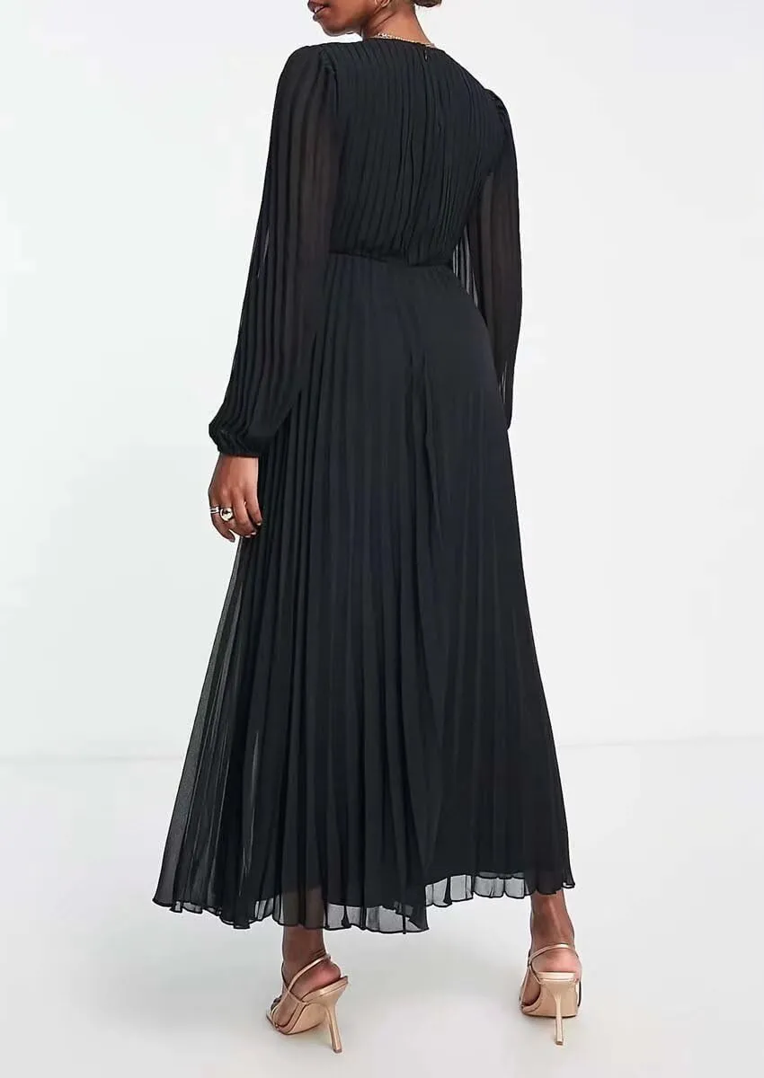 Women's V Neck Wedding Guest Dress Pleated Long Sleeves Formal Evening Party Gowns Modern Chiffon Reception Dresses