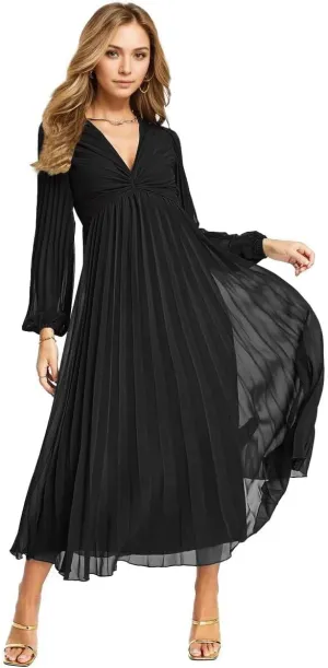Women's V Neck Wedding Guest Dress Pleated Long Sleeves Formal Evening Party Gowns Modern Chiffon Reception Dresses