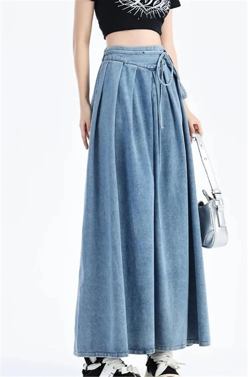 Women's Vintage High-waisted Stretch Denim Long Skirt Street Style Lace-up Large Size Denim Skirt