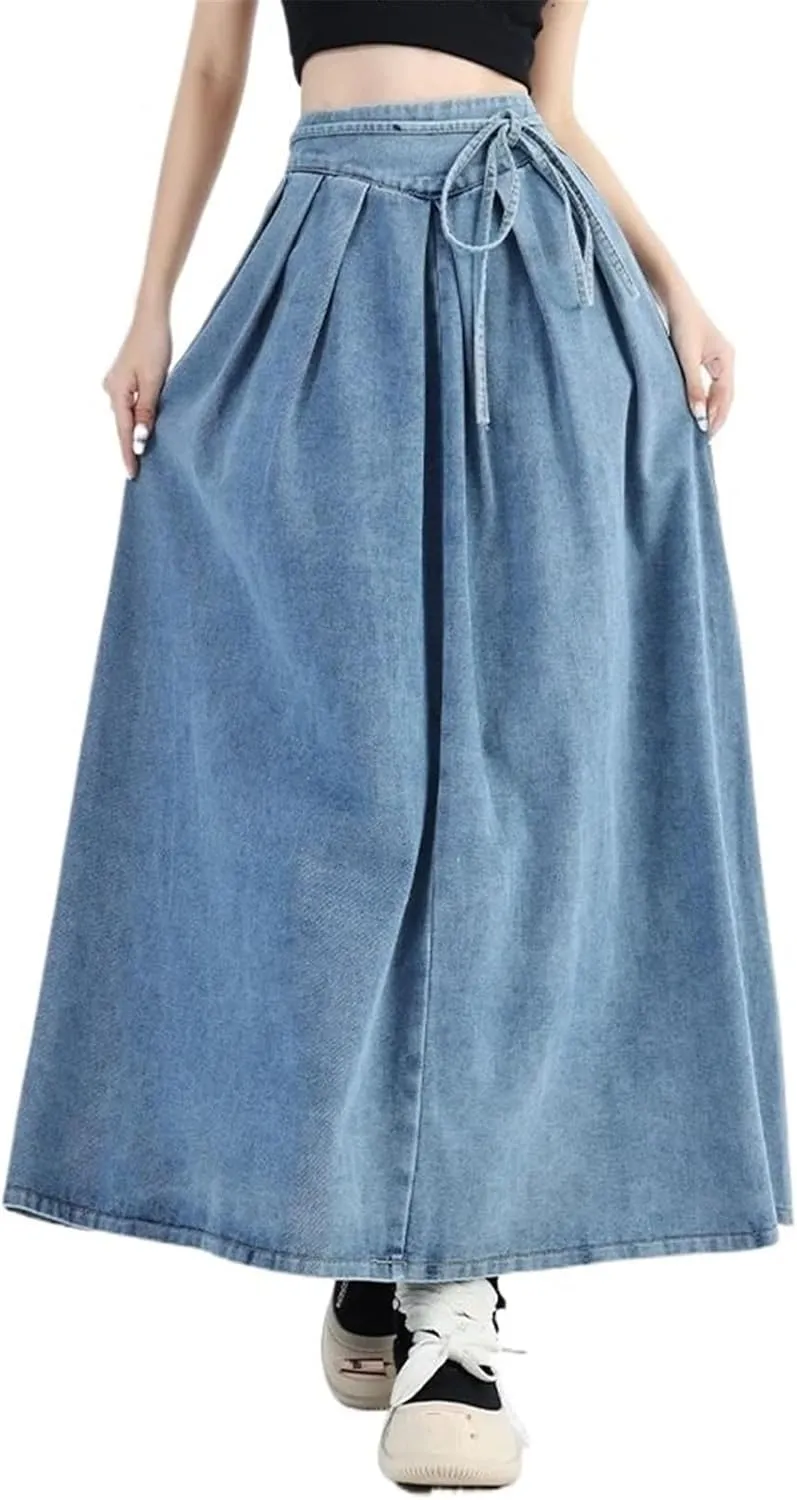 Women's Vintage High-waisted Stretch Denim Long Skirt Street Style Lace-up Large Size Denim Skirt