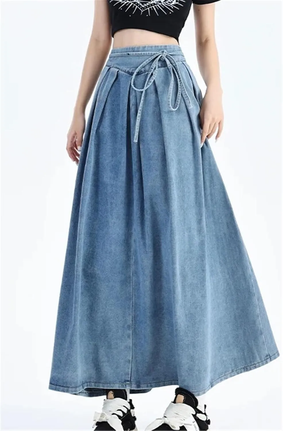 Women's Vintage High-waisted Stretch Denim Long Skirt Street Style Lace-up Large Size Denim Skirt
