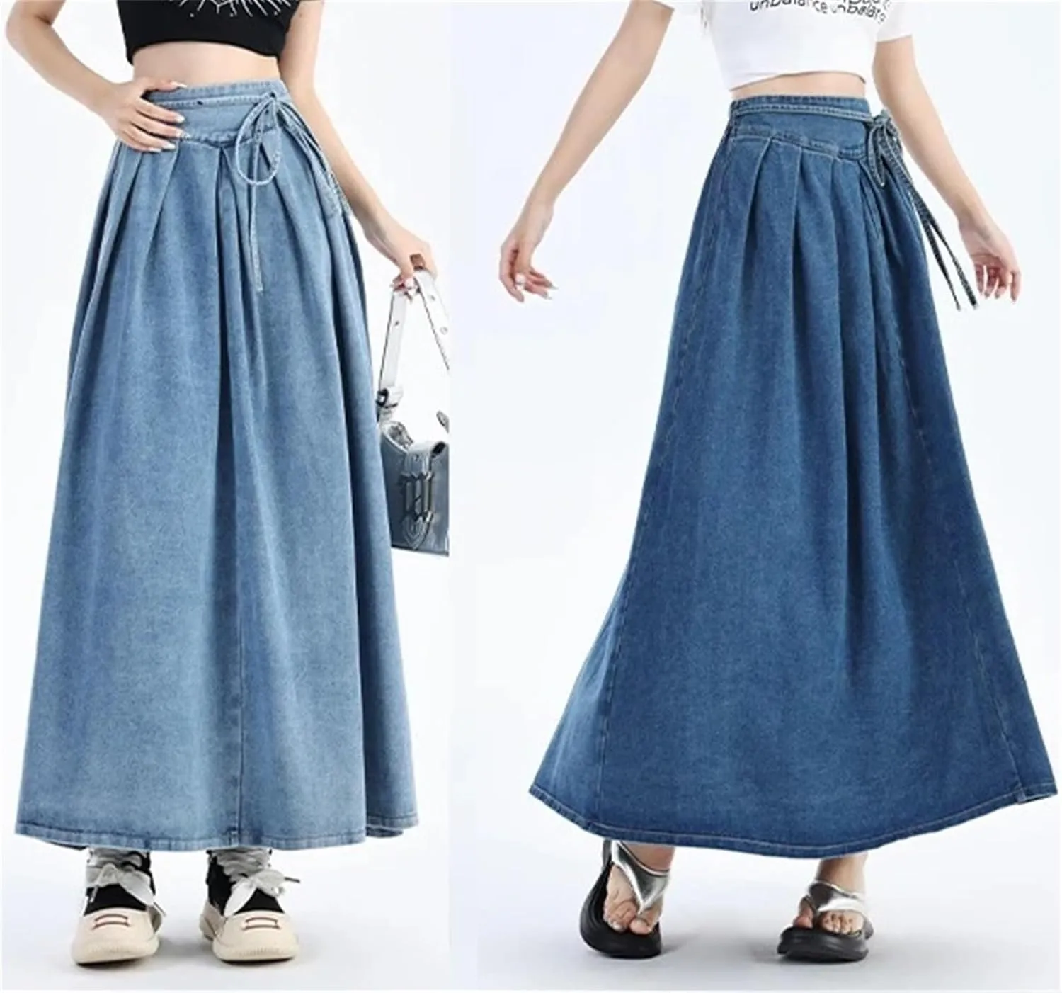 Women's Vintage High-waisted Stretch Denim Long Skirt Street Style Lace-up Large Size Denim Skirt
