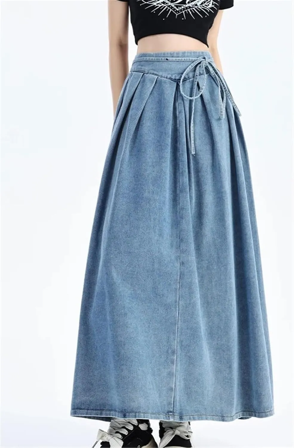 Women's Vintage High-waisted Stretch Denim Long Skirt Street Style Lace-up Large Size Denim Skirt