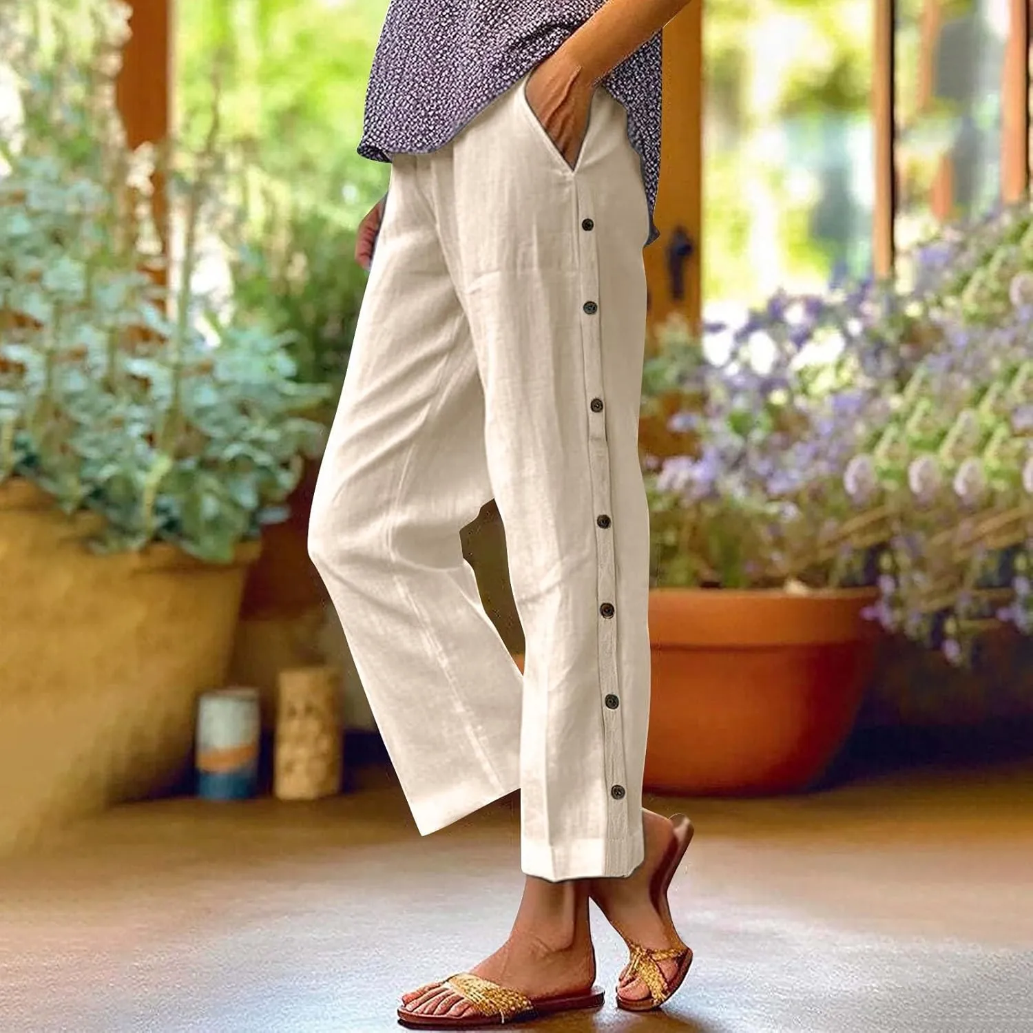 Womens Wide Leg Linen Pants Drawstring Elastic Waist Capri Pants Loose Summer Beach Lounge Trousers with Pockets