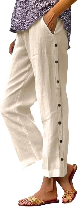 Womens Wide Leg Linen Pants Drawstring Elastic Waist Capri Pants Loose Summer Beach Lounge Trousers with Pockets