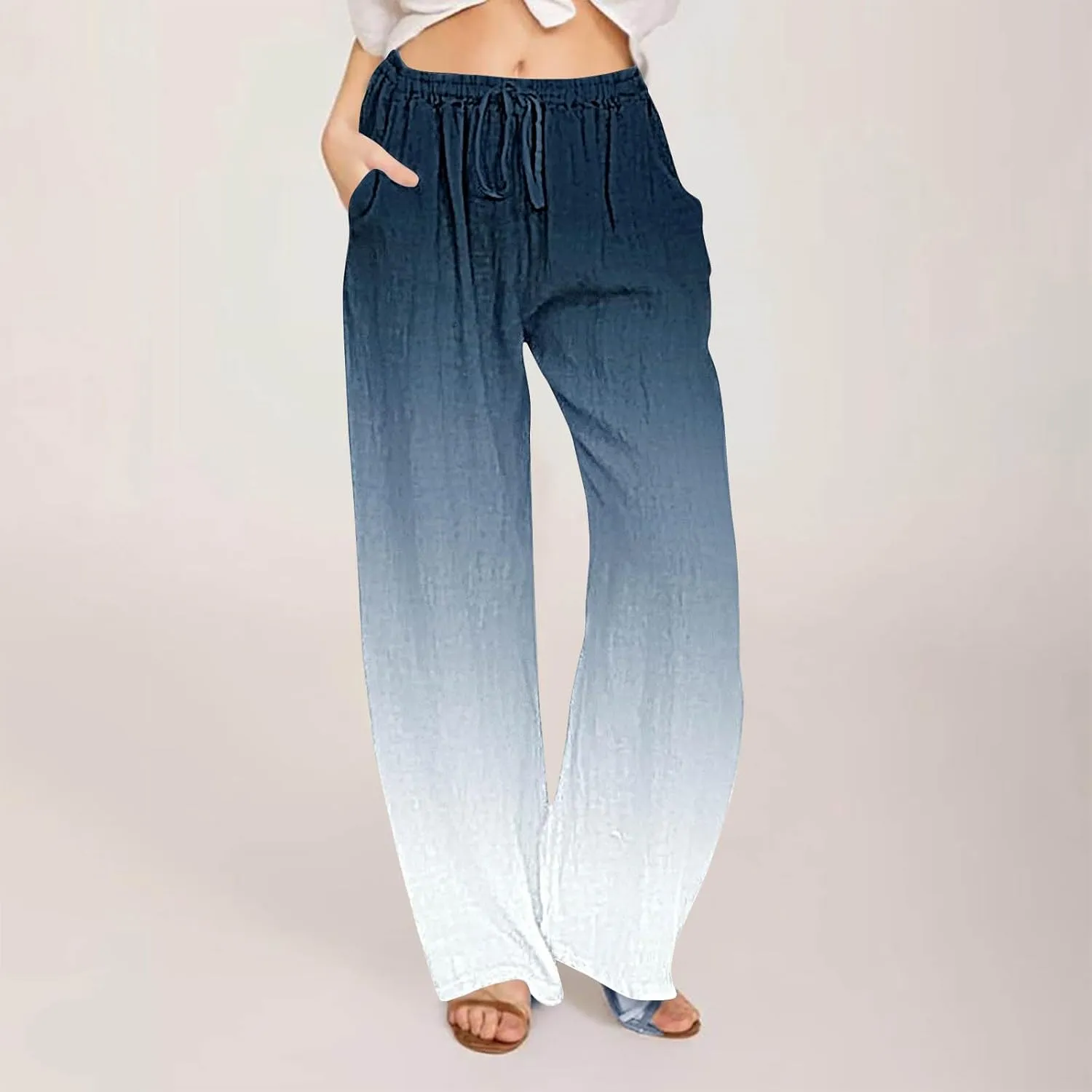 Womens Wide Leg Linen Pants Summer Palazzo Trousers Flowy Elastic High Waisted Pants Casual Beach Vacation Clothes