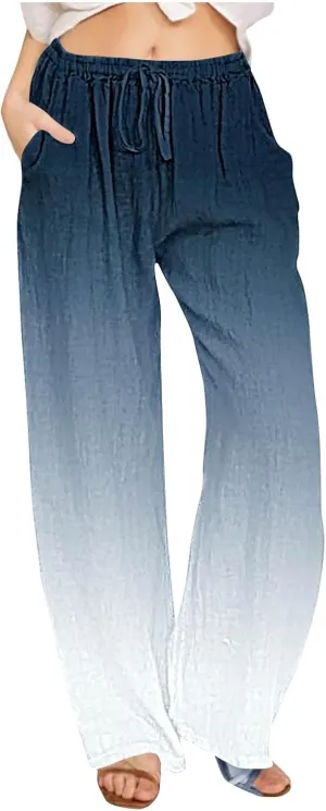 Womens Wide Leg Linen Pants Summer Palazzo Trousers Flowy Elastic High Waisted Pants Casual Beach Vacation Clothes
