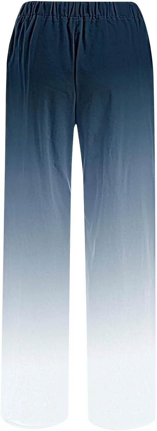 Womens Wide Leg Linen Pants Summer Palazzo Trousers Flowy Elastic High Waisted Pants Casual Beach Vacation Clothes