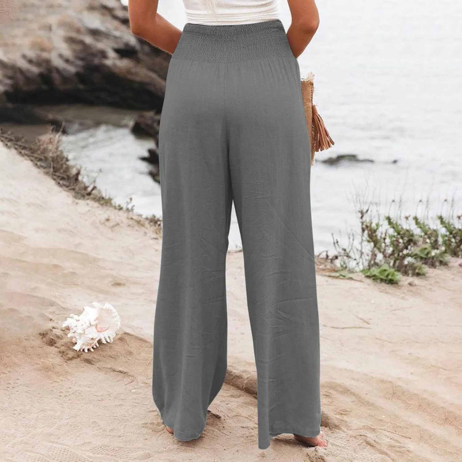 Womens Wide Leg Palazzo Pants Linen Pants 2024 Summer High Waisted Flowy Trousers Casual Lounge Pant with Pockets
