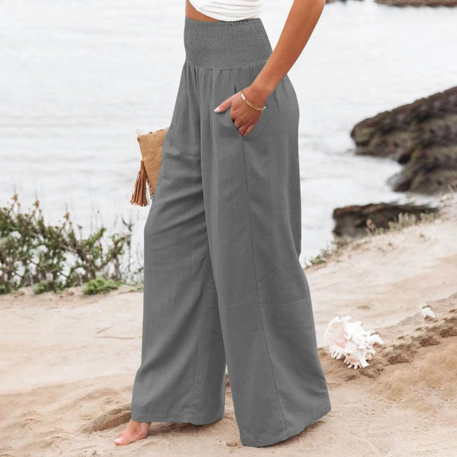 Womens Wide Leg Palazzo Pants Linen Pants 2024 Summer High Waisted Flowy Trousers Casual Lounge Pant with Pockets