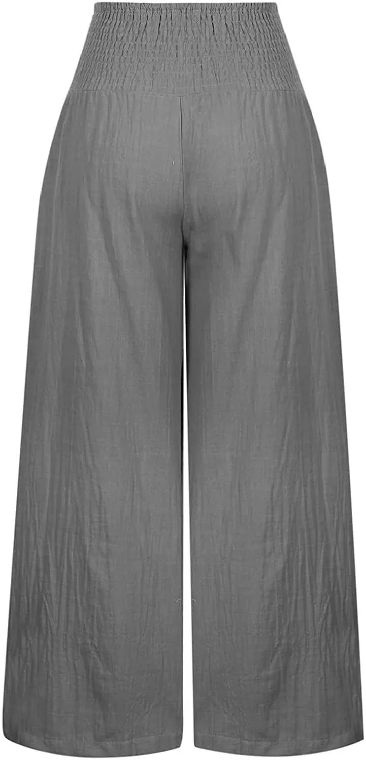 Womens Wide Leg Palazzo Pants Linen Pants 2024 Summer High Waisted Flowy Trousers Casual Lounge Pant with Pockets
