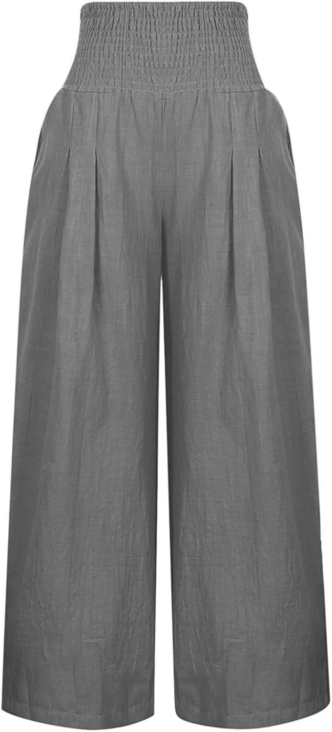 Womens Wide Leg Palazzo Pants Linen Pants 2024 Summer High Waisted Flowy Trousers Casual Lounge Pant with Pockets