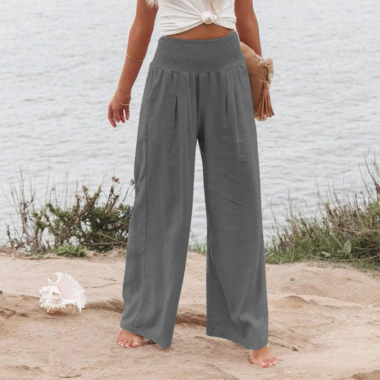 Womens Wide Leg Palazzo Pants Linen Pants 2024 Summer High Waisted Flowy Trousers Casual Lounge Pant with Pockets