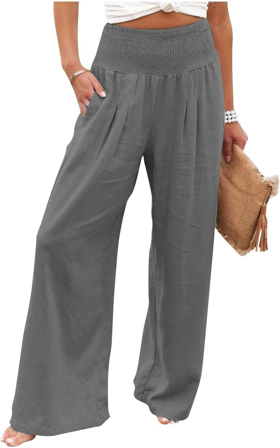 Womens Wide Leg Palazzo Pants Linen Pants 2024 Summer High Waisted Flowy Trousers Casual Lounge Pant with Pockets