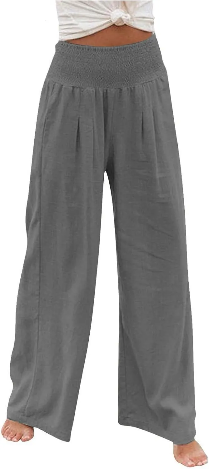 Womens Wide Leg Palazzo Pants Linen Pants 2024 Summer High Waisted Flowy Trousers Casual Lounge Pant with Pockets