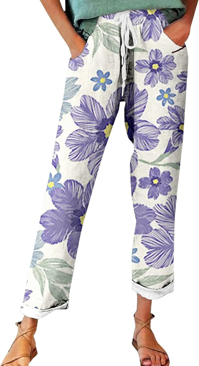 Women's Wide Leg Pants Summer Outfits Drawstring Elastic Waist Pants High Waisted Trousers Casual Beach