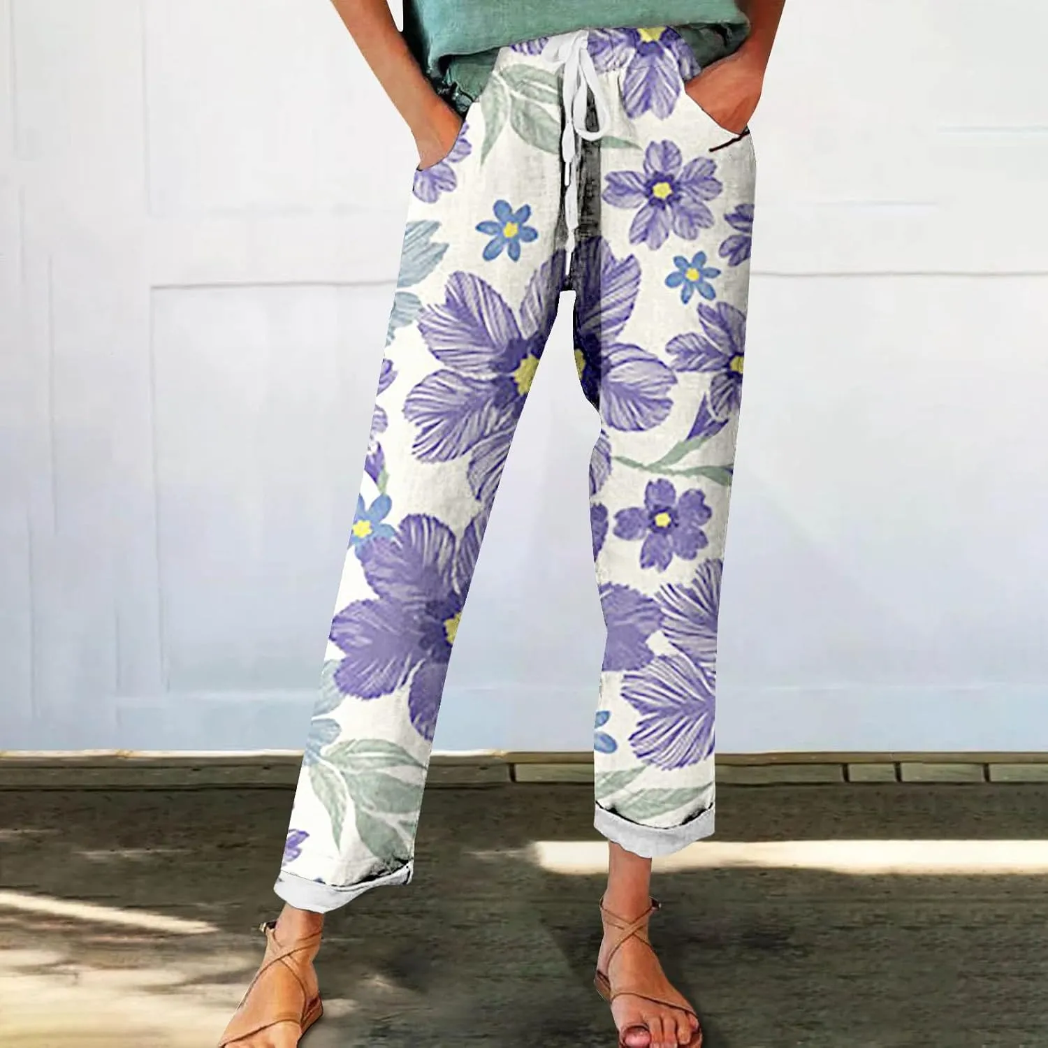 Women's Wide Leg Pants Summer Outfits Drawstring Elastic Waist Pants High Waisted Trousers Casual Beach
