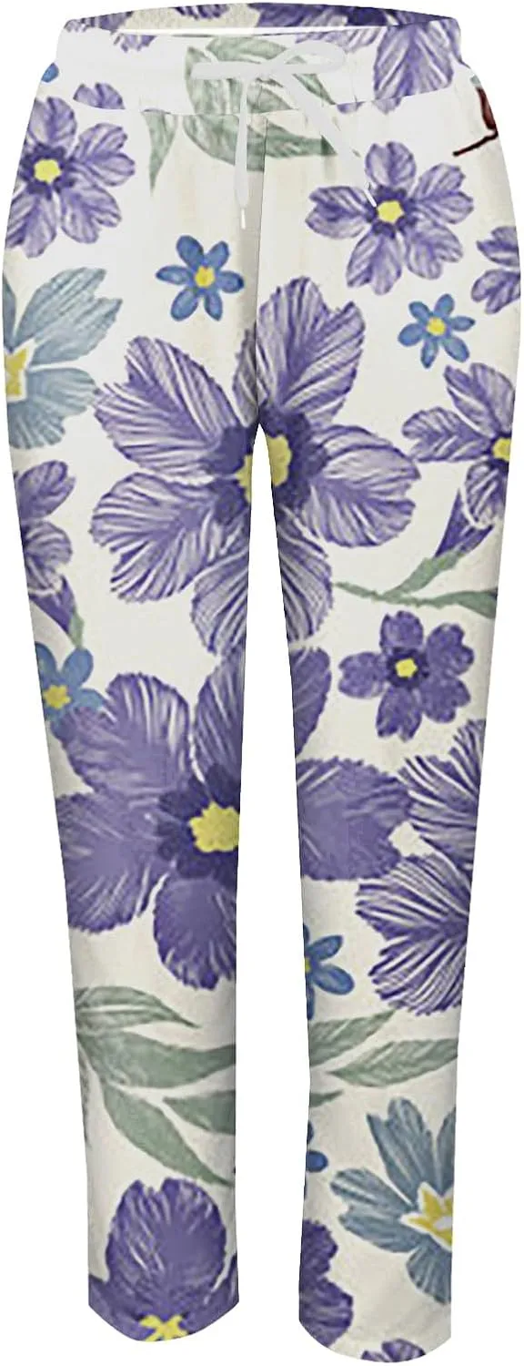 Women's Wide Leg Pants Summer Outfits Drawstring Elastic Waist Pants High Waisted Trousers Casual Beach