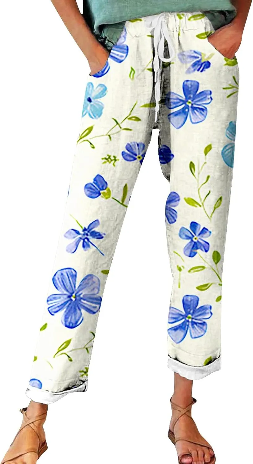 Women's Wide Leg Pants Summer Outfits Drawstring Elastic Waist Pants High Waisted Trousers Casual Beach