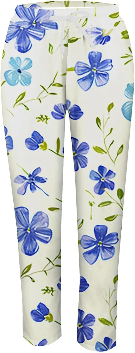 Women's Wide Leg Pants Summer Outfits Drawstring Elastic Waist Pants High Waisted Trousers Casual Beach