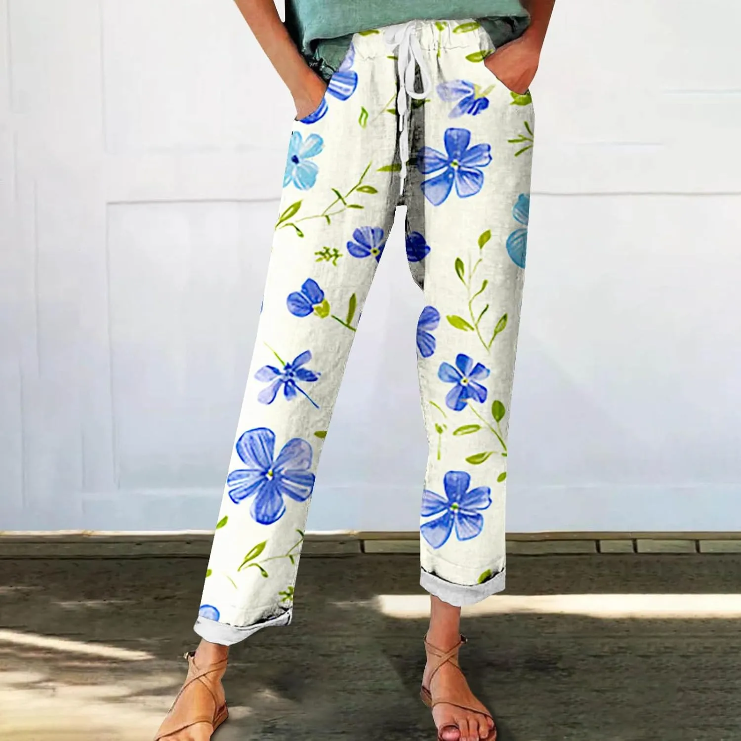 Women's Wide Leg Pants Summer Outfits Drawstring Elastic Waist Pants High Waisted Trousers Casual Beach