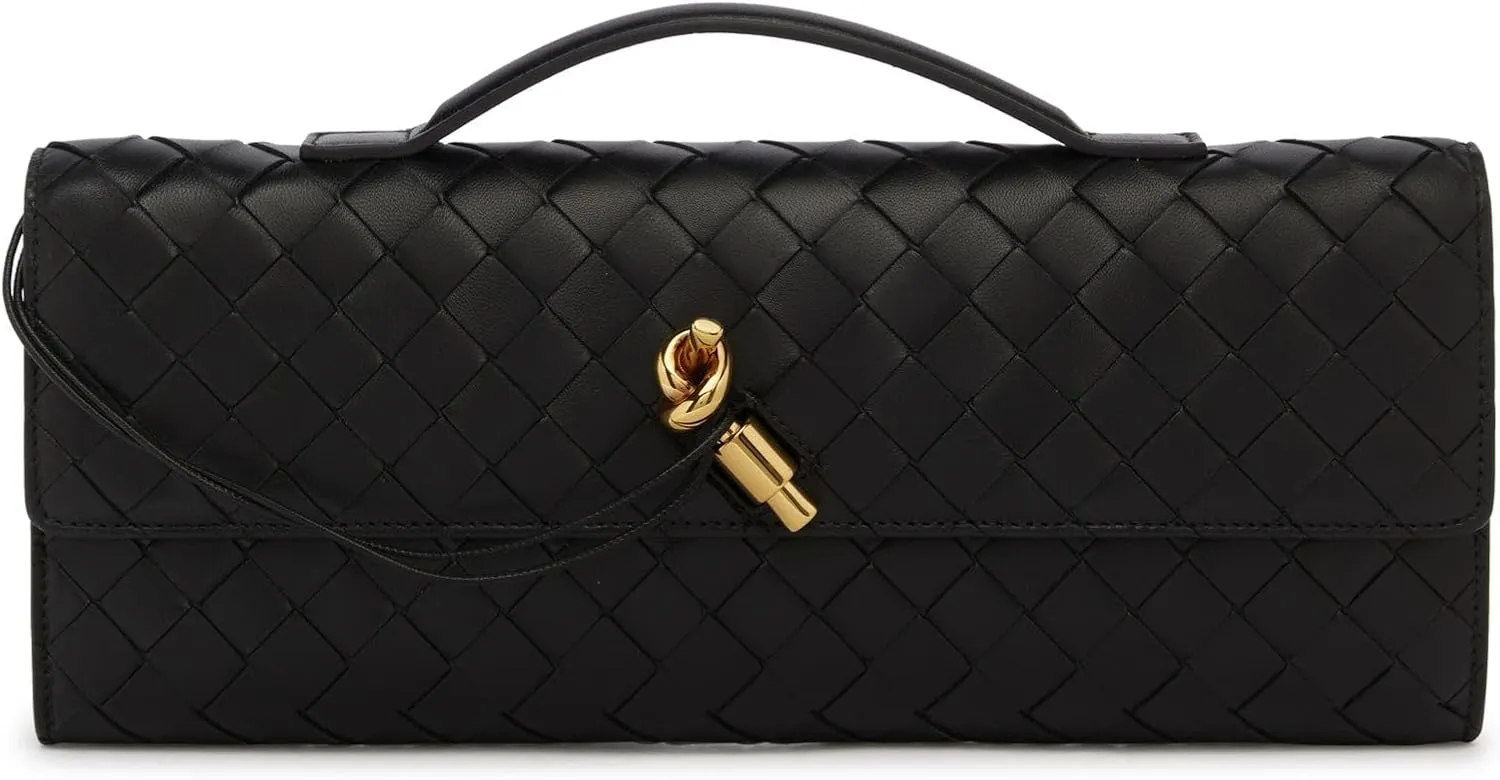Woven Clutch Purses For Women, Woven Leather Crossbody Bag Purse Rectangle Clutch Bag & Unique Gold Knot Closure