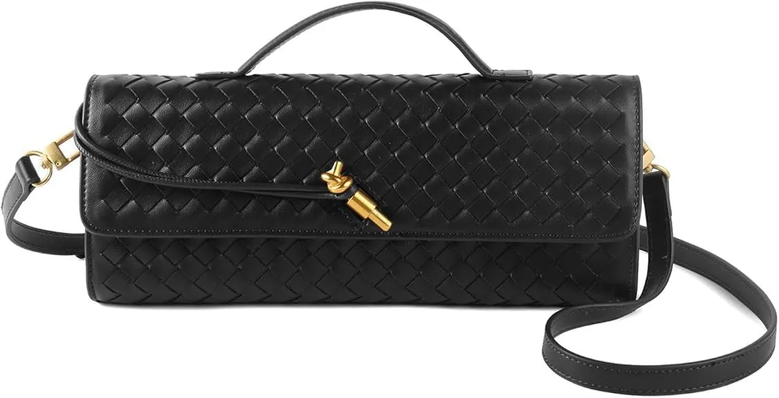 Woven Clutch Purses For Women, Woven Leather Crossbody Bag Purse Rectangle Clutch Bag & Unique Gold Knot Closure