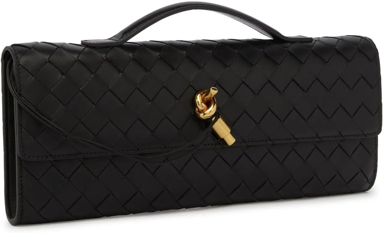 Woven Clutch Purses For Women, Woven Leather Crossbody Bag Purse Rectangle Clutch Bag & Unique Gold Knot Closure