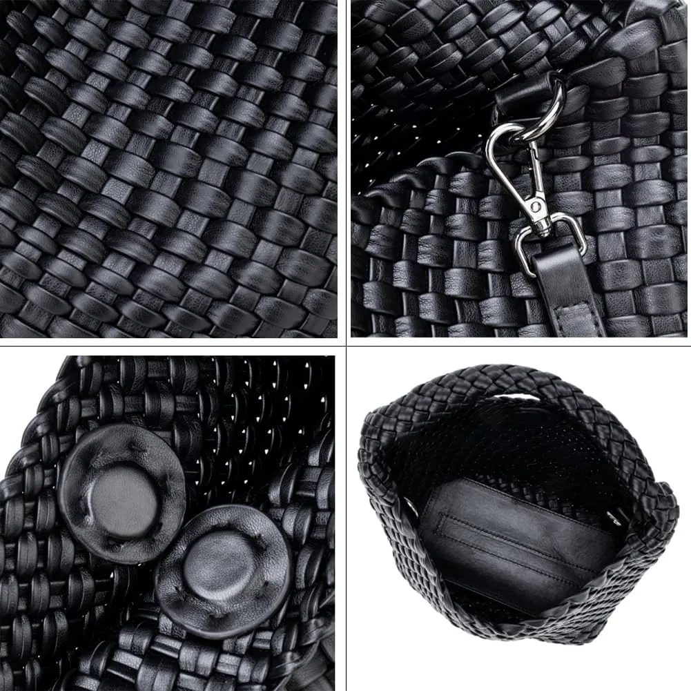 Woven Hobo Handbag for Women Genuine Leather Designer Knot Bucket Bag Small Tote for Casual Street Style