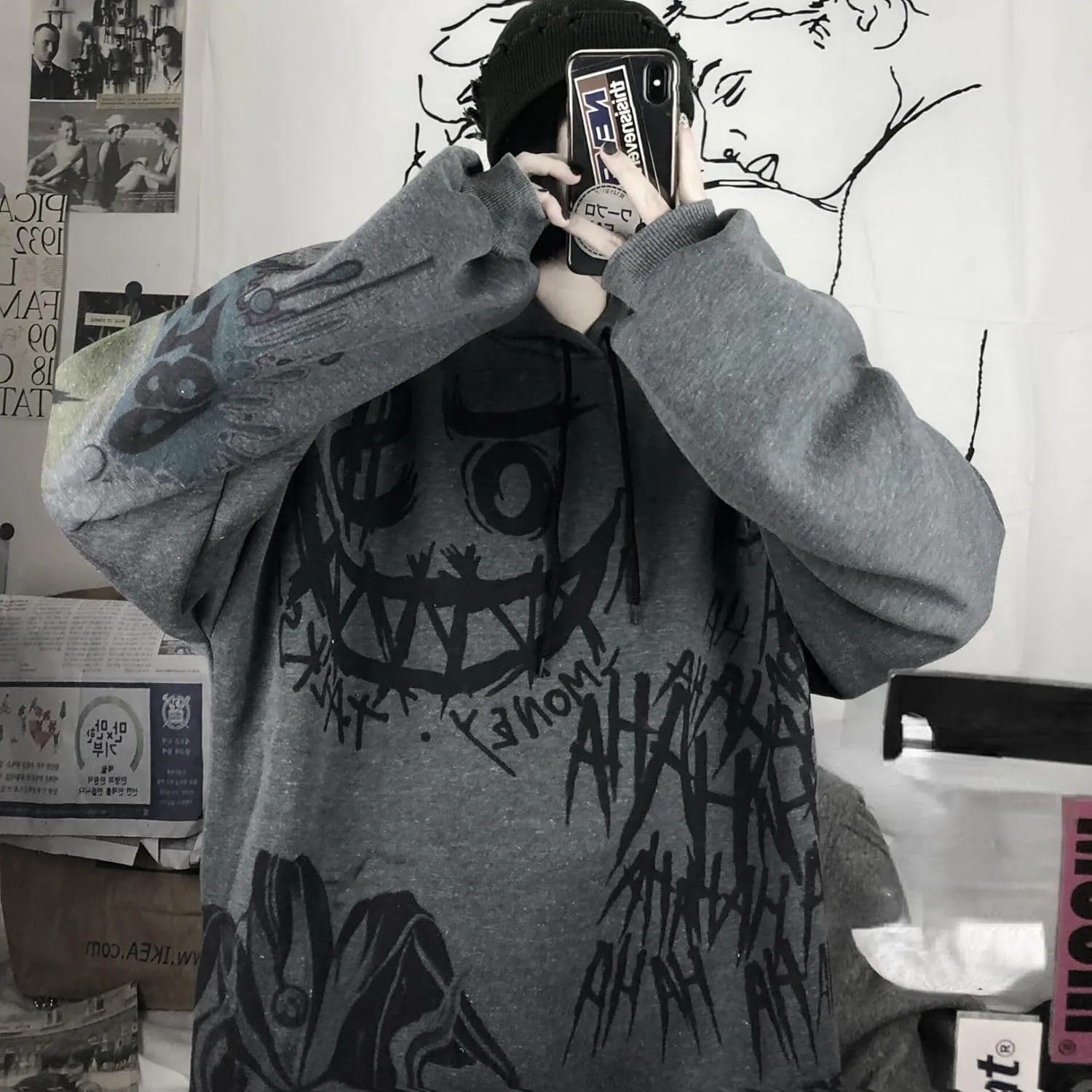 Y2K Skeleton Graffiti Hoodies for Women Men Goth Punk Streetwear Unisex Oversized Acubi Fashion Hooded Pullover