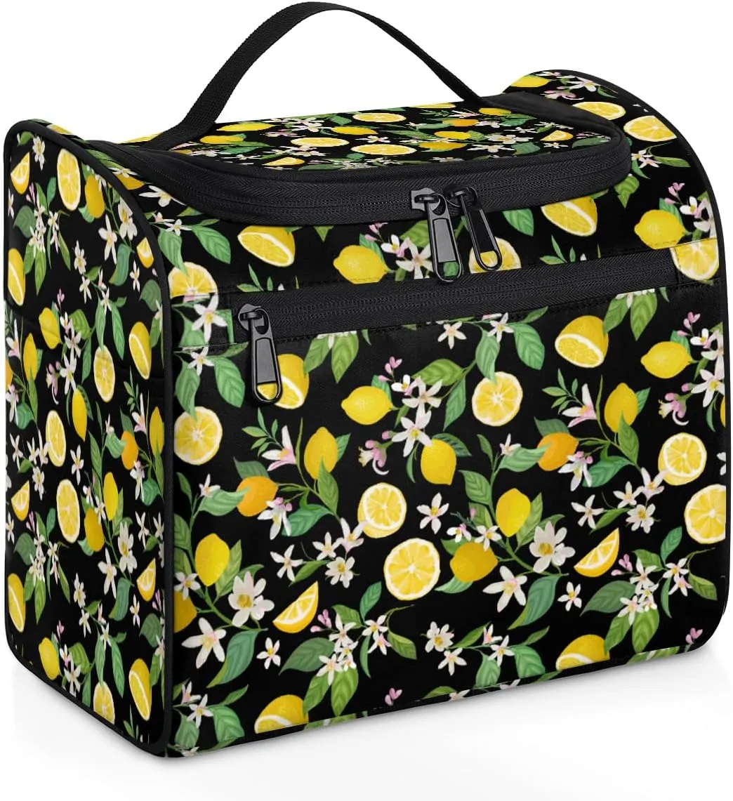 Yellow Lemon Large Travel Toiletry Bag for Women, Travel Organizer for Toiletries, Waterproof Makeup Cosmetic Bag with Handle, Modern Plant Leaves