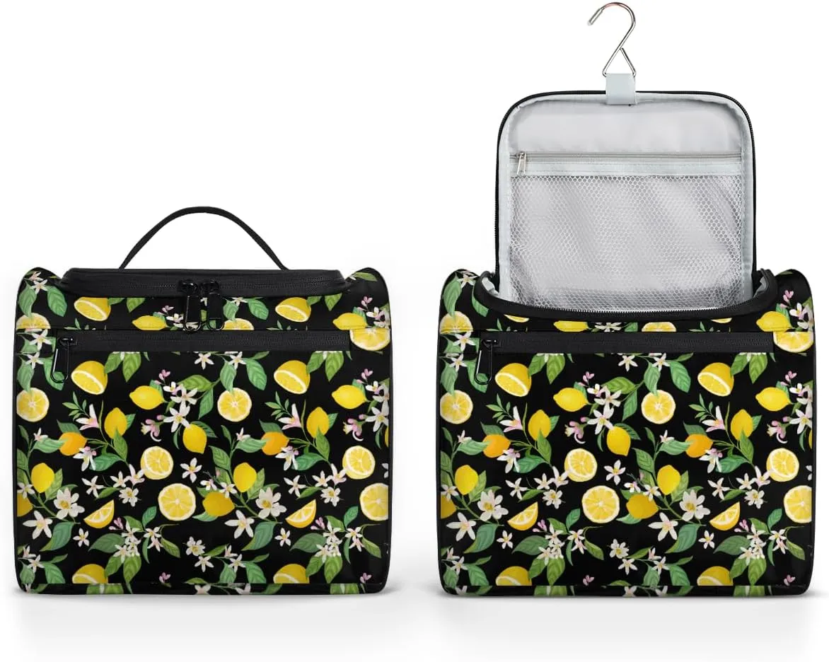 Yellow Lemon Large Travel Toiletry Bag for Women, Travel Organizer for Toiletries, Waterproof Makeup Cosmetic Bag with Handle, Modern Plant Leaves