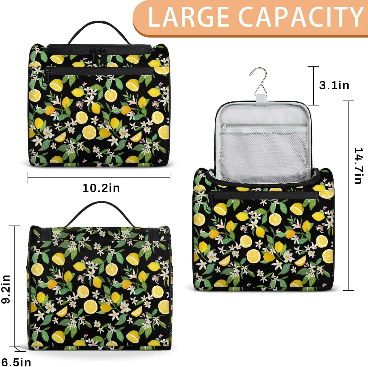Yellow Lemon Large Travel Toiletry Bag for Women, Travel Organizer for Toiletries, Waterproof Makeup Cosmetic Bag with Handle, Modern Plant Leaves