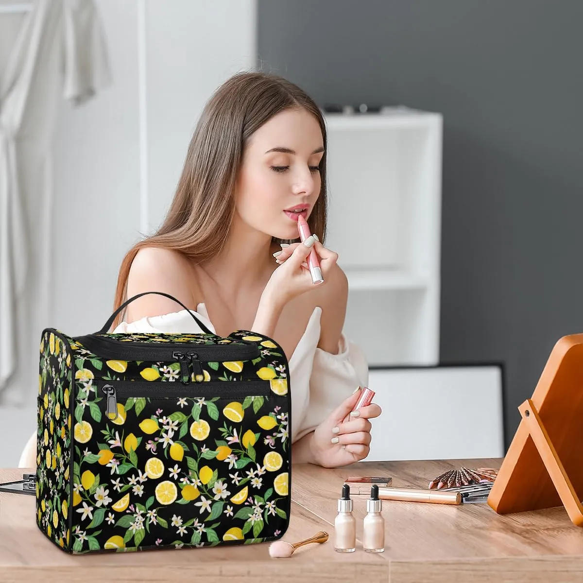 Yellow Lemon Large Travel Toiletry Bag for Women, Travel Organizer for Toiletries, Waterproof Makeup Cosmetic Bag with Handle, Modern Plant Leaves