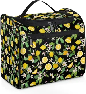 Yellow Lemon Large Travel Toiletry Bag for Women, Travel Organizer for Toiletries, Waterproof Makeup Cosmetic Bag with Handle, Modern Plant Leaves