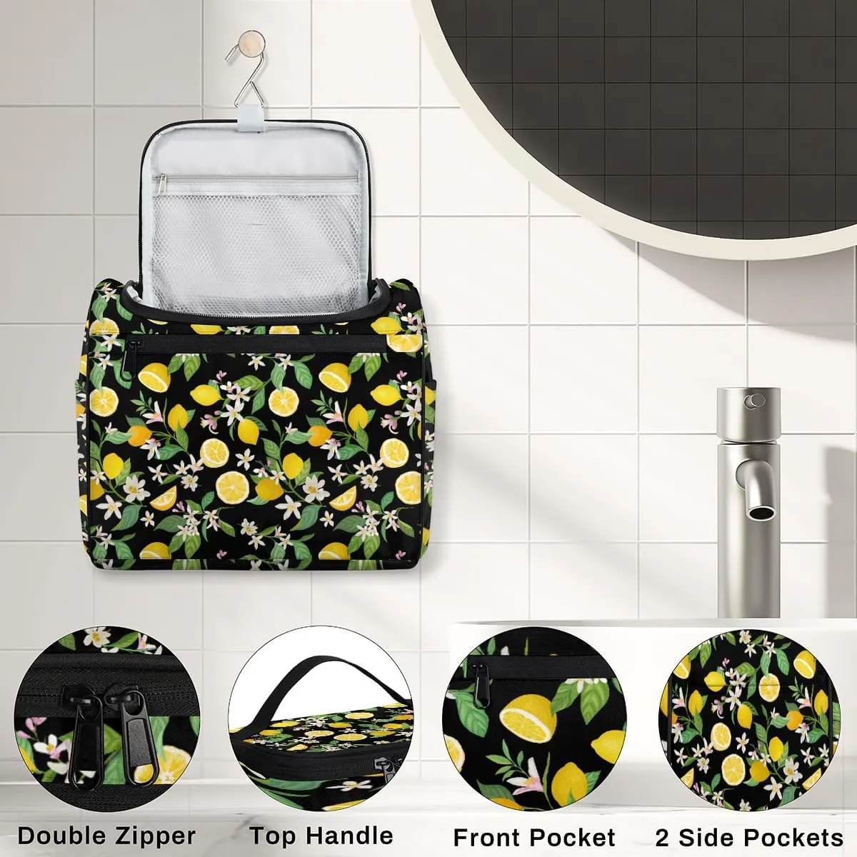 Yellow Lemon Large Travel Toiletry Bag for Women, Travel Organizer for Toiletries, Waterproof Makeup Cosmetic Bag with Handle, Modern Plant Leaves
