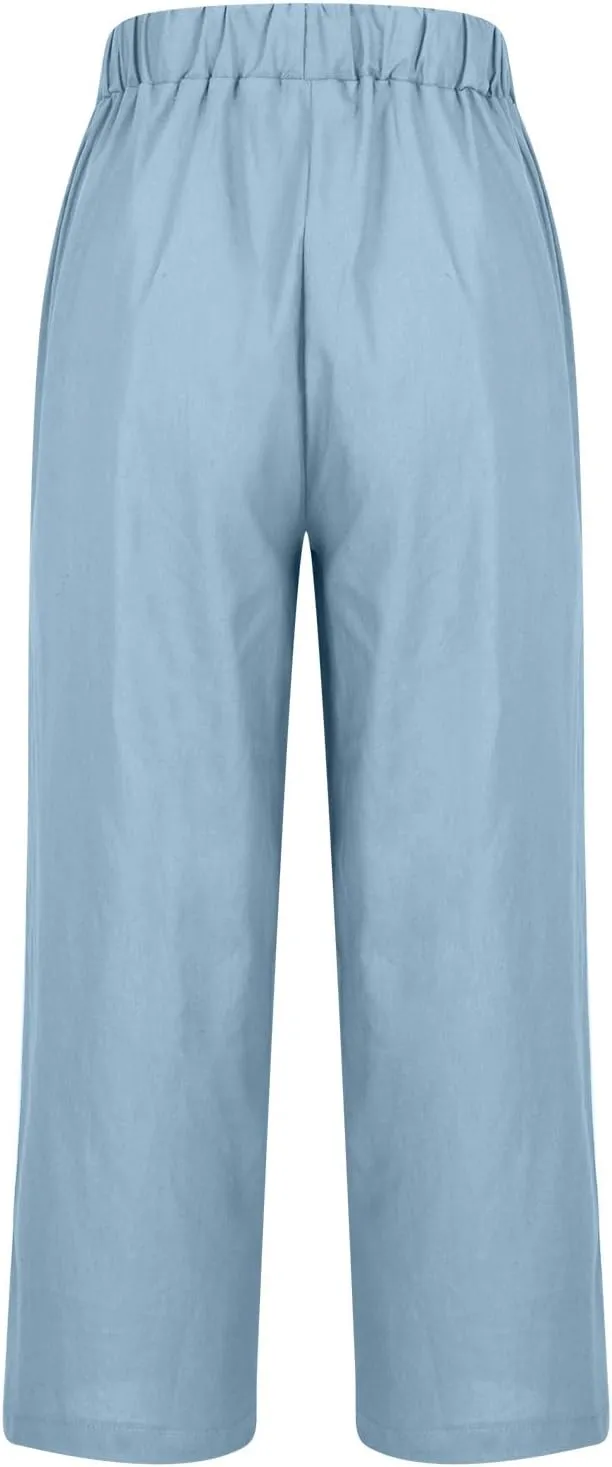 YRAETENM Cropped Linen Pants Women Elastic Waist Straight Leg Cotton Pants Casual Beach Summer Slacks Trousers with Pockets