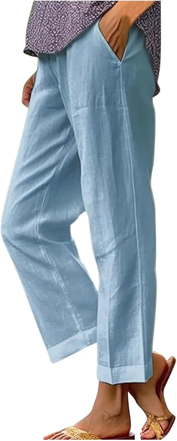 YRAETENM Cropped Linen Pants Women Elastic Waist Straight Leg Cotton Pants Casual Beach Summer Slacks Trousers with Pockets