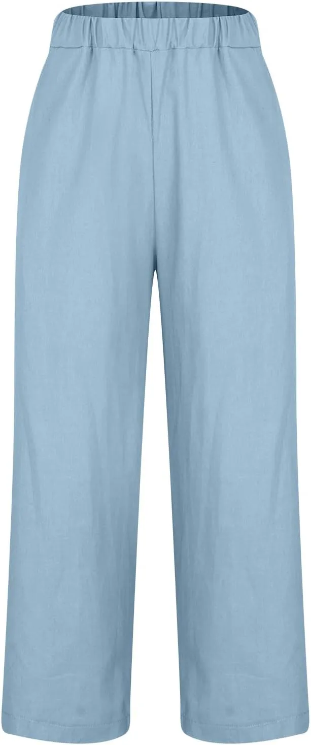 YRAETENM Cropped Linen Pants Women Elastic Waist Straight Leg Cotton Pants Casual Beach Summer Slacks Trousers with Pockets